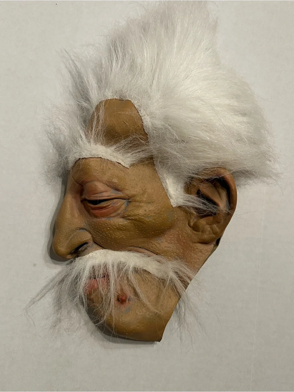 Vintage Halloween Rubber Latex White Elderly Character Face Mask with Faux Hair
